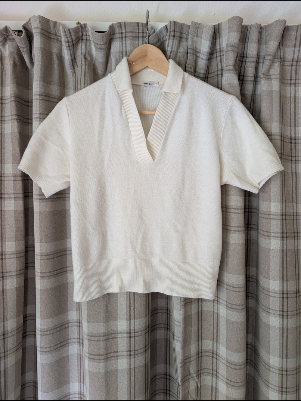 French Cashmere Cream Short Sleeve Collared Sweater